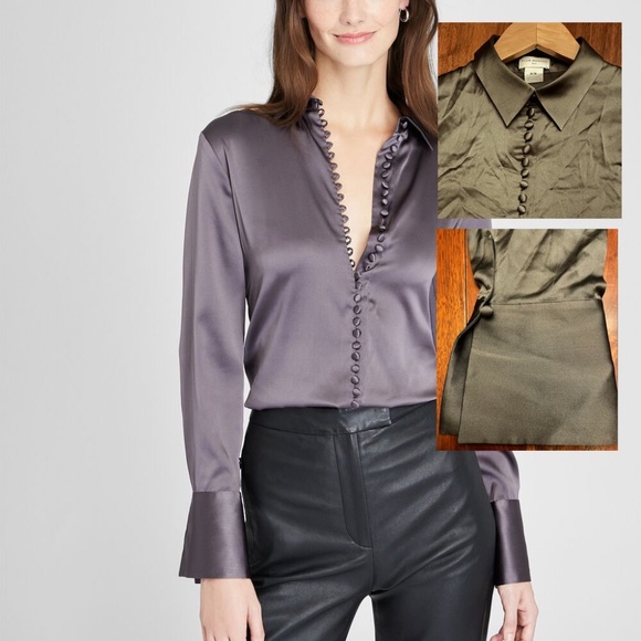 Helek Stretch Silk Charmeuse Shirt- Brand New-NEVER WORN- BLACK OLIVE (SEE PICS) - Picture 1 of 10